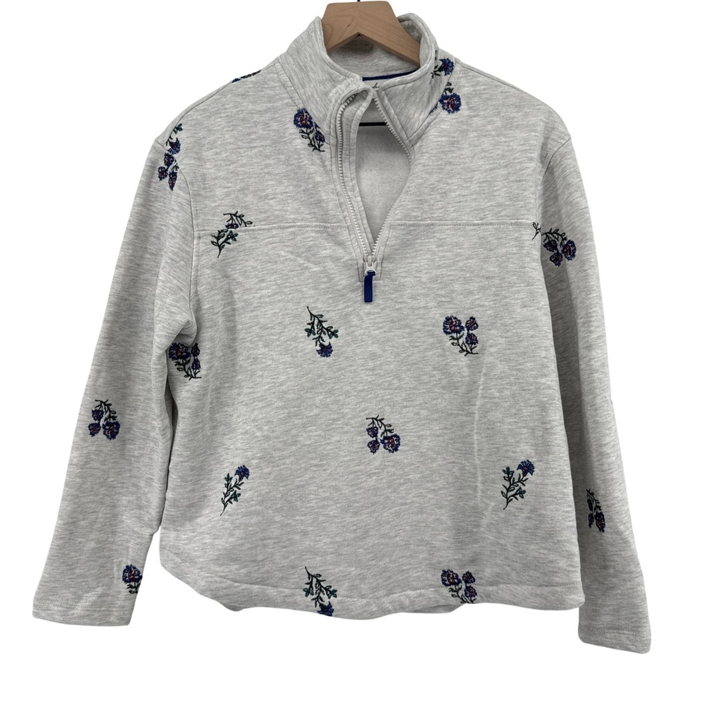 Wonderly Floral Embroidery Long Sleeve 1/4 Brushed Terry Sweatshirt Gray Women S